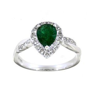 Halo Diamond Twisted Emerald Ring White Gold